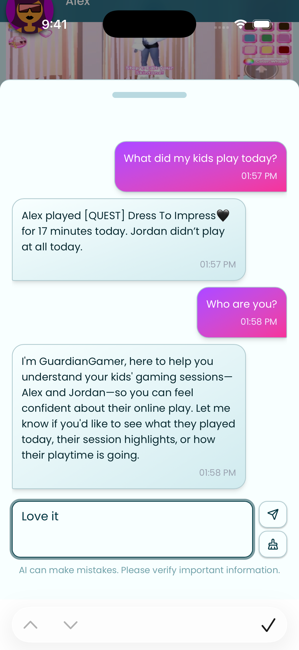 GuardianGamer Assistant chat answering 'What did my kids play today?'