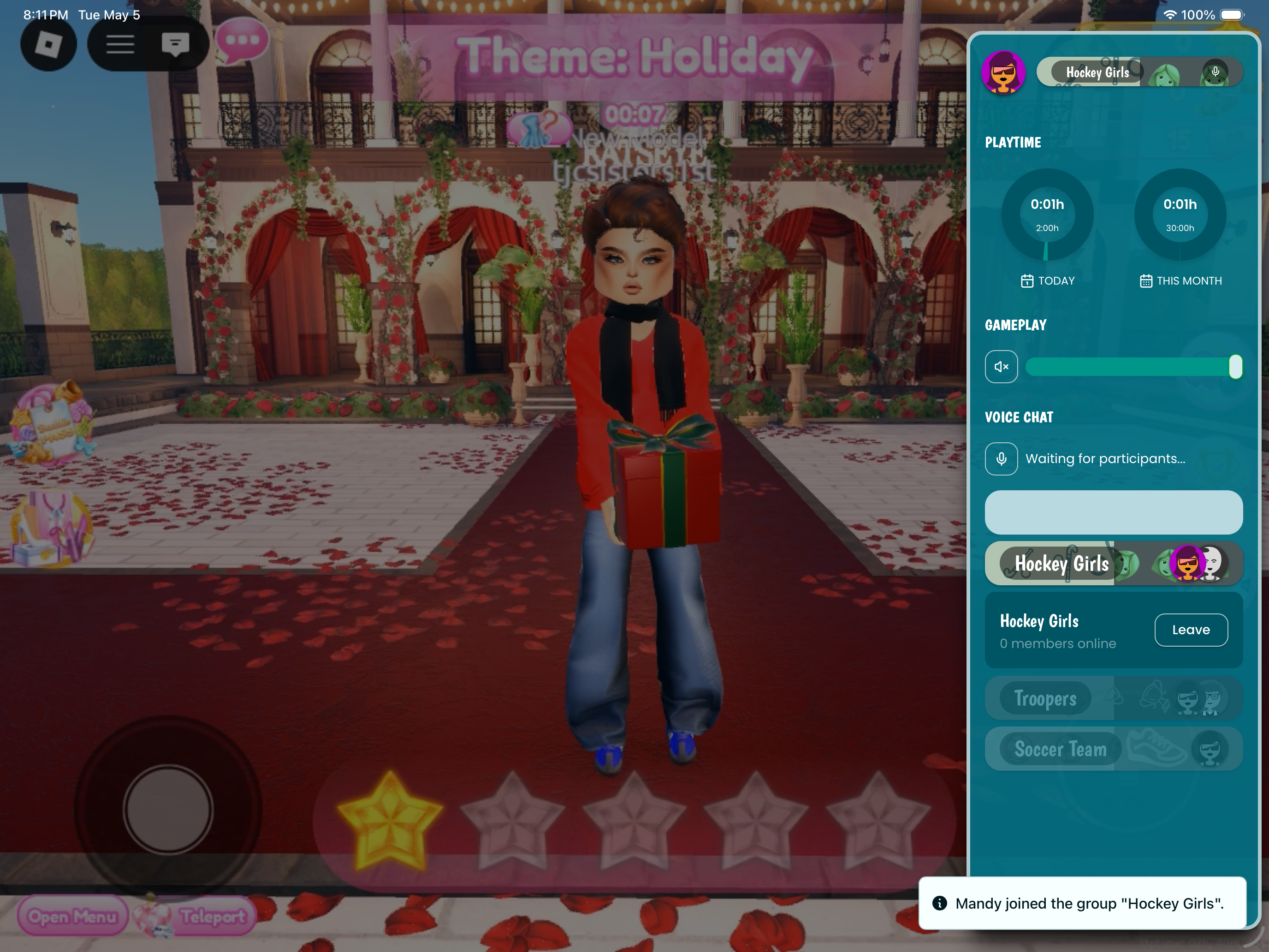 Theme: Holiday runway — kid just joined the Hockey Girls group with members visible in the GuardianGamer sidebar