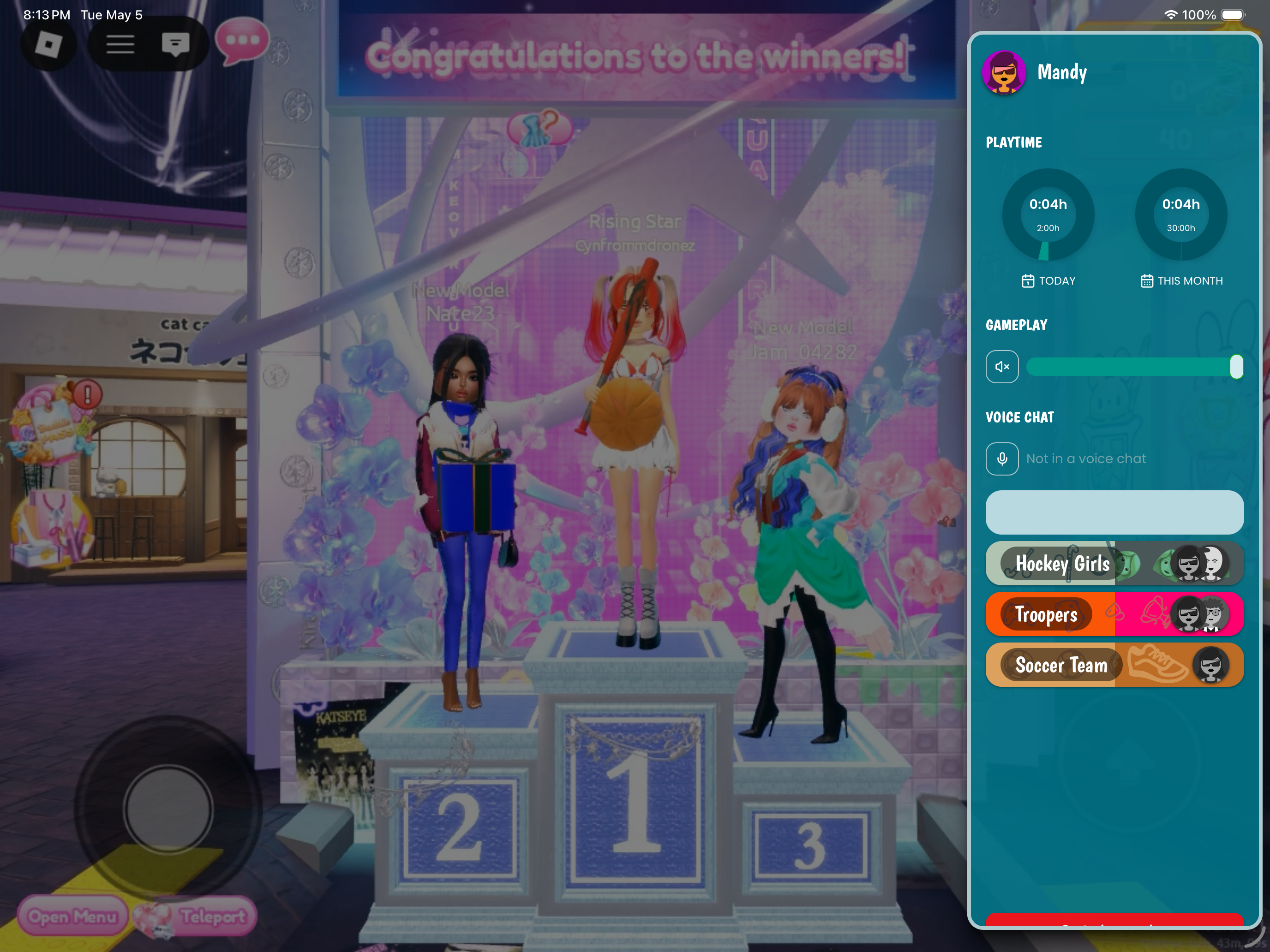 Winners' podium in a Roblox fashion runway with the GuardianGamer sidebar visible