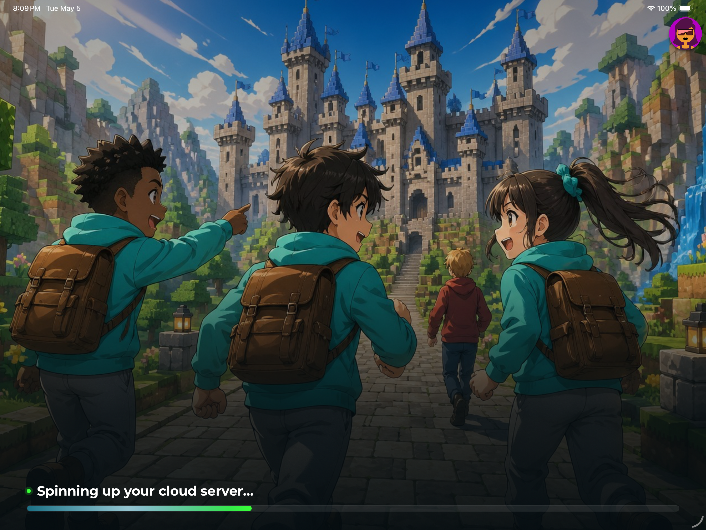 Loading screen: 'Spinning up your cloud server' with a Minecraft-style castle world ready to enter