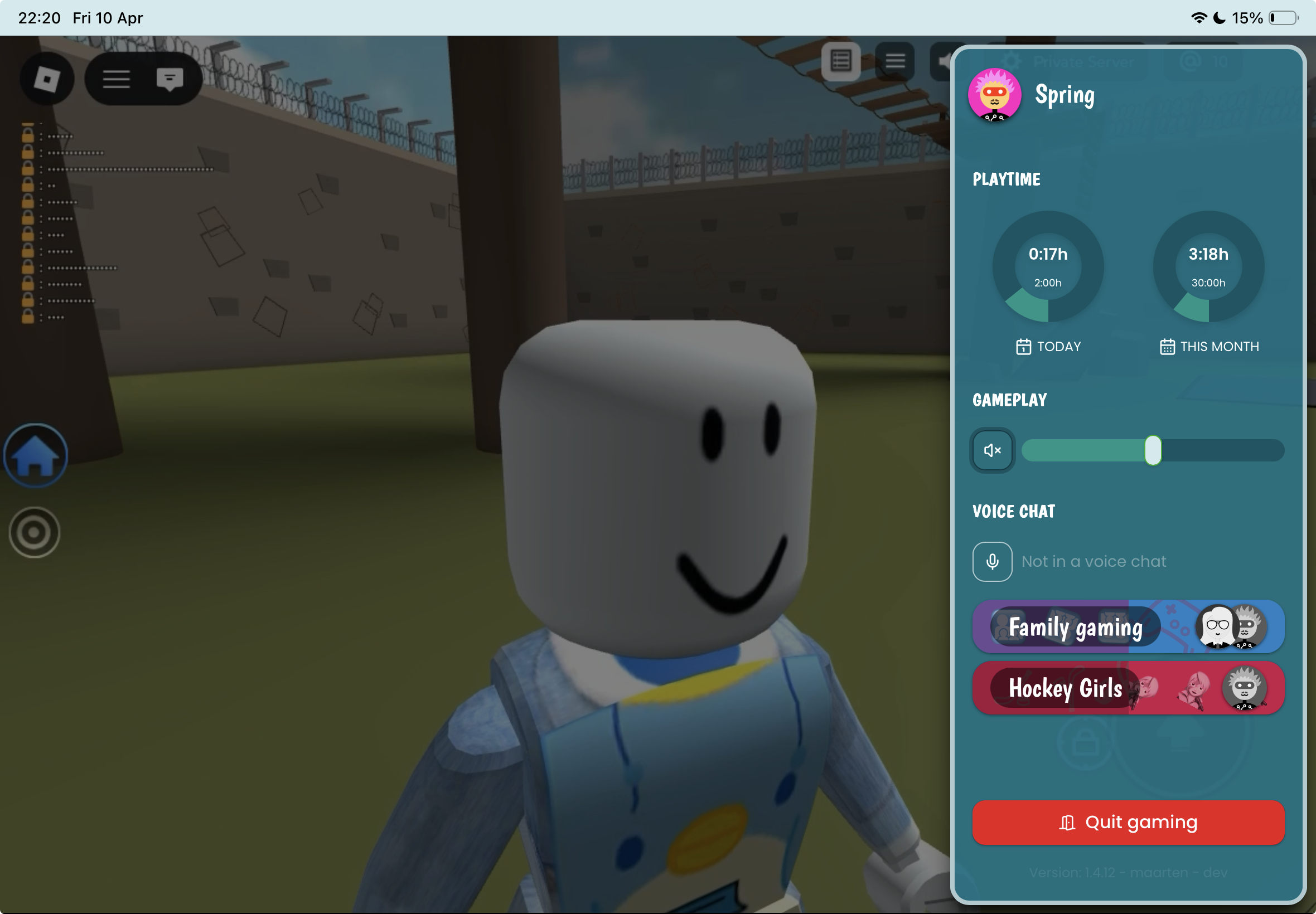 In a Roblox game with the GuardianGamer overlay tracking playtime and showing trusted-friend groups