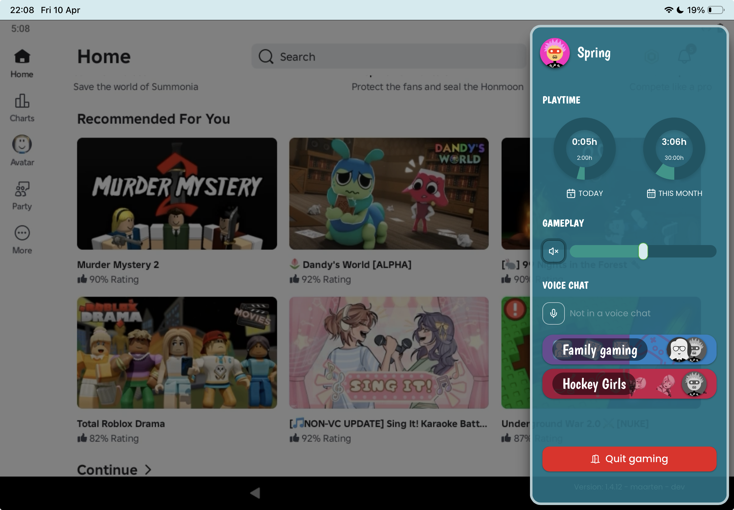 Roblox library home — Murder Mystery 2, Dandy's World, Sing It — with the GuardianGamer overlay showing playtime, voice chat, and trusted-friend groups
