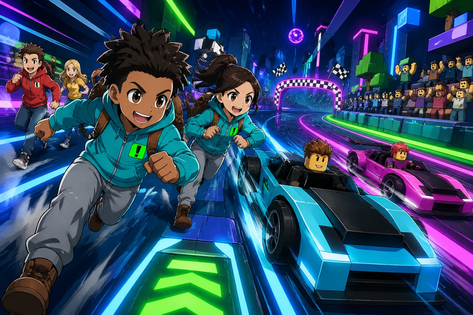 Two kids racing through a Roblox-style neon-lit speedway with avatar spectators